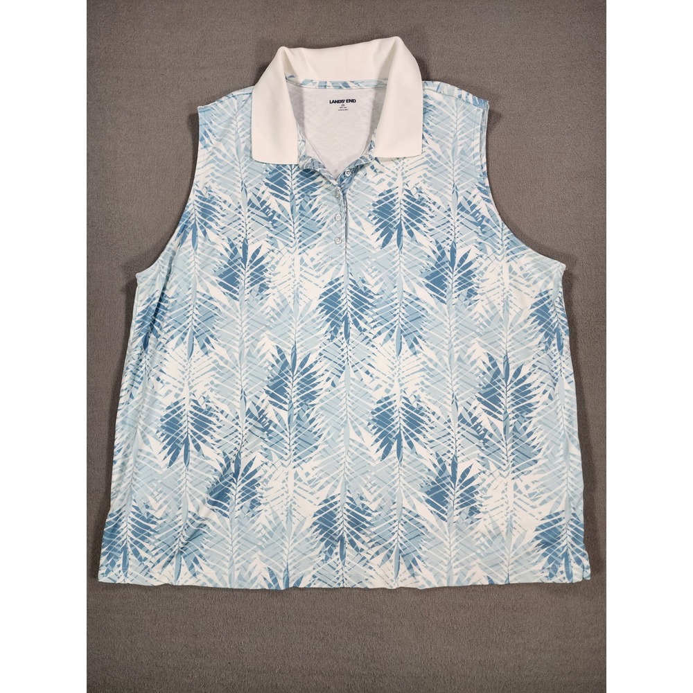 Lands' End Sleeveless Polo 2X White and Blue Palm Leaf Preppy Golf Tennis Club
